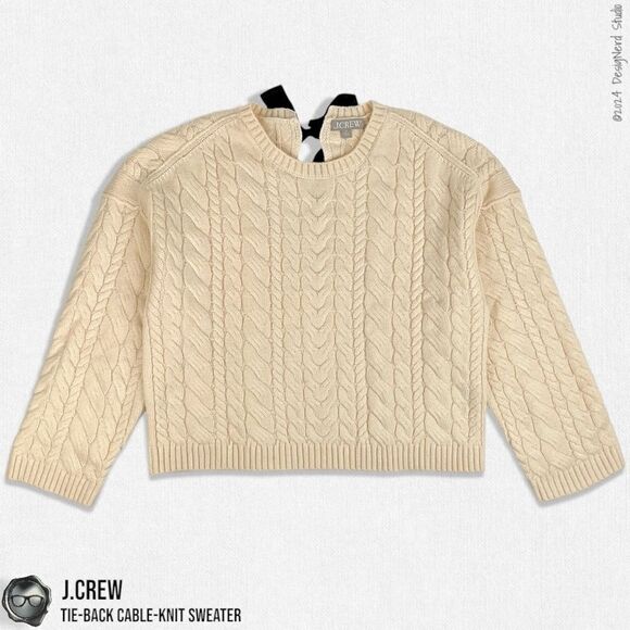 J.CREW TIE-BACK CABLE KNIT SWEATER IN BUTTERCREAM WITH BLACK BOW SLIGHT CROP MED - Picture 4 of 11